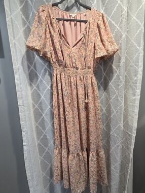 Max Studio Dusty Pink Floral Midi Dress with Tie Neck